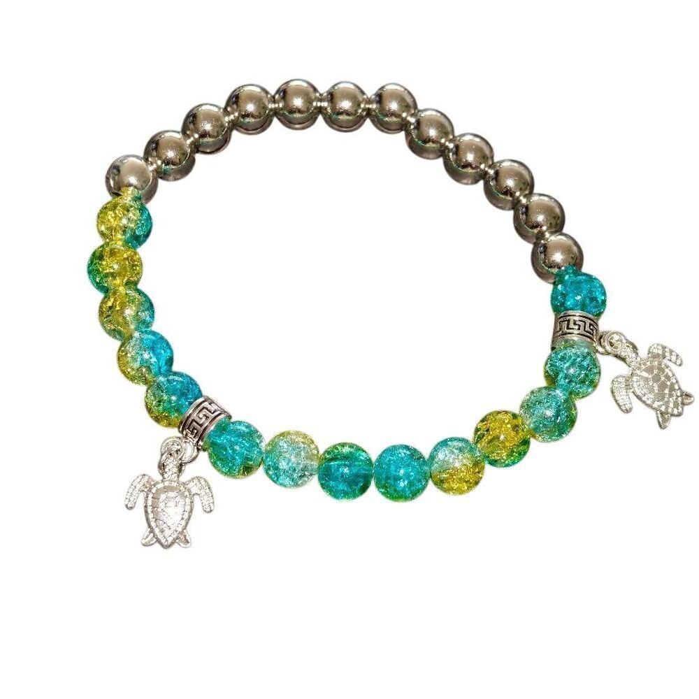 Handmade Blue and Yellow Acrylic Beaded Stretch Bracelet